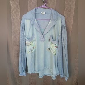 Women's Light Blue Button Down Shirt with Floral Pockets